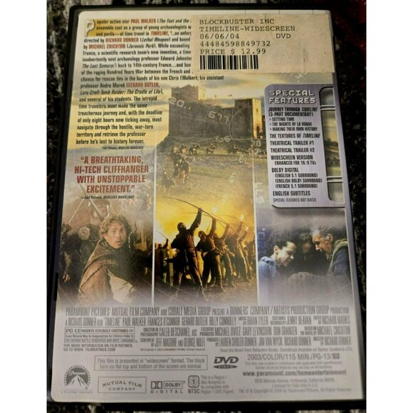 Timeline Widescreen DVD 2003 Movie - Paul Walker & Gerard Butler - Picture 2 of 2
